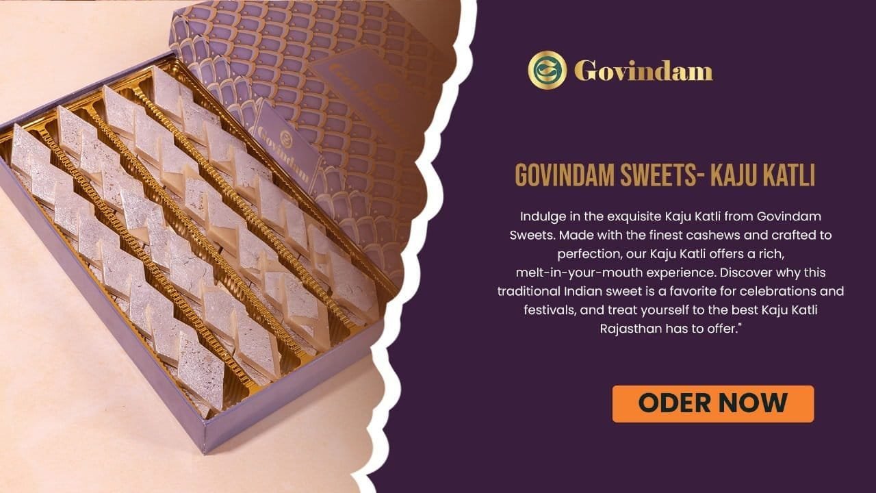 Experience the melt-in-your-mouth texture and heavenly taste of the best Kaju Katli in Jaipur. Indulge in the richness of Govindam Sweets' cashew delicacy.