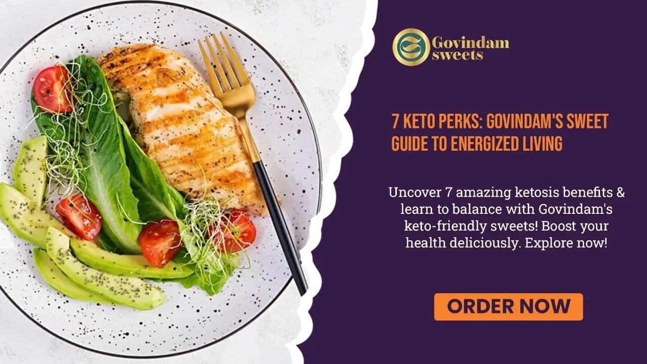Keto Perks: Govindam's Sweet Guide to Energized Living 1 Colorful spread of keto-friendly foods with Govindam's low-carb sweet alternatives