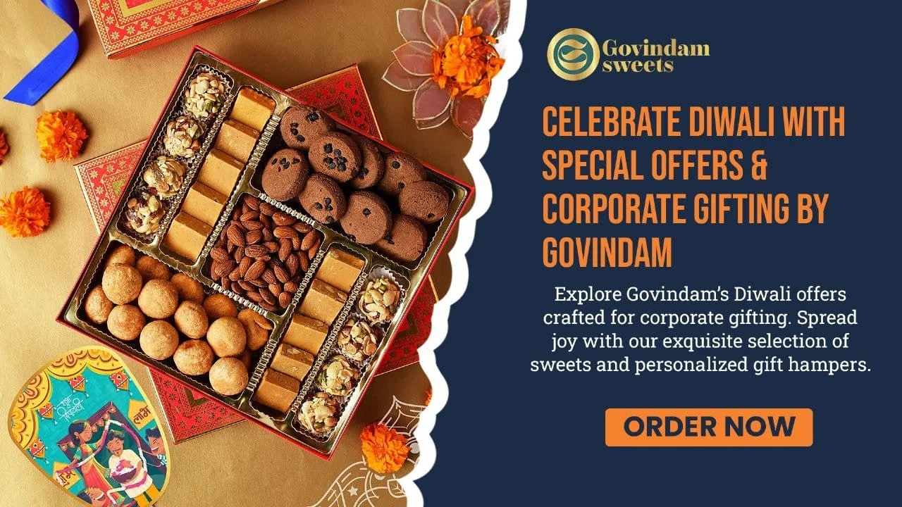 Diwali corporate gifts Govindam Special Offers & Corporate Gifts 1 Elegant Diwali corporate gift hamper from Govindam featuring assorted sweets and festive decorations