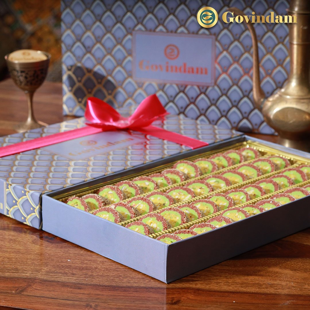 Elegant Anjeer Cake gift box with Govindam Sweets branding
