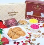 Gujiya ingredients – khoya, sugar, suji, cardamom, almonds, and ghee