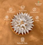 Close-up of diamond-cut Kaju Katli with silver varak on top