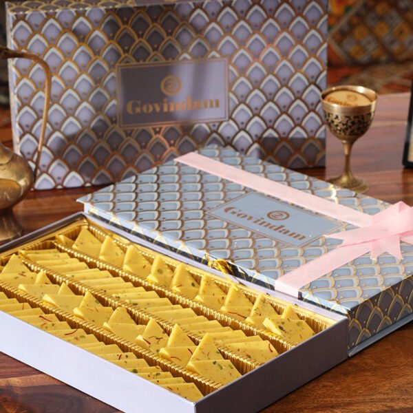 Kesar Katli gift box with festive design and logo