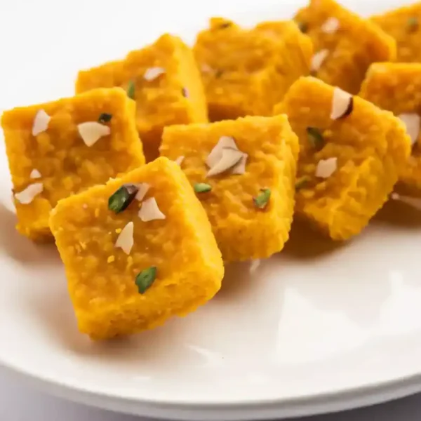 Moong Dal Barfi served on brass plate with saffron strands and cardamom pods