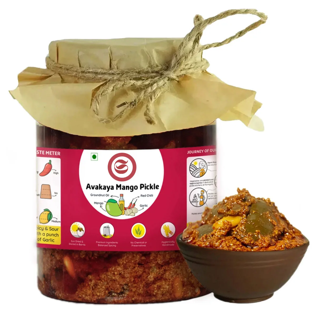Traditional jar of avakaya pickle with Telugu script details