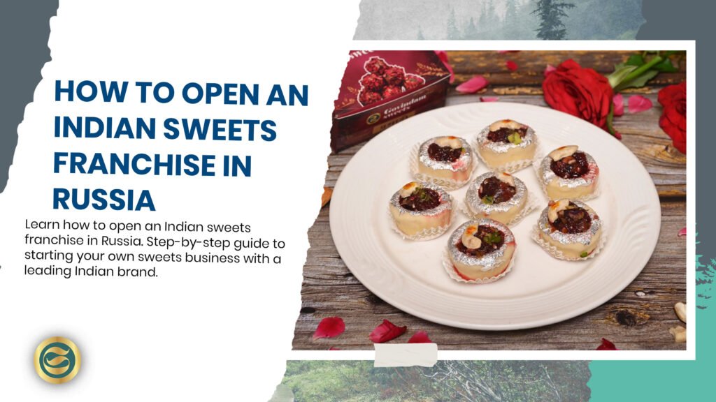 Step-by-step visual guide showing nine phases of opening an Indian sweets franchise in Russia with Govindam Sweets from research through grand opening