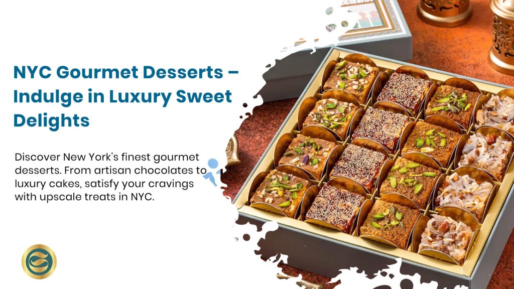 Elegant display of premium New York desserts including artisan chocolates, French pastries, and artistic cake creations