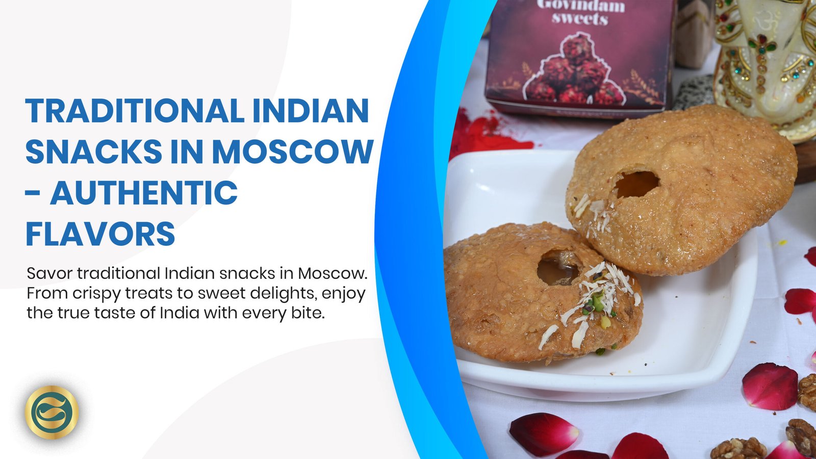 Assortment of authentic traditional Indian snacks including samosas, pakoras and sweets arranged on decorative platter with chutneys in Moscow setting