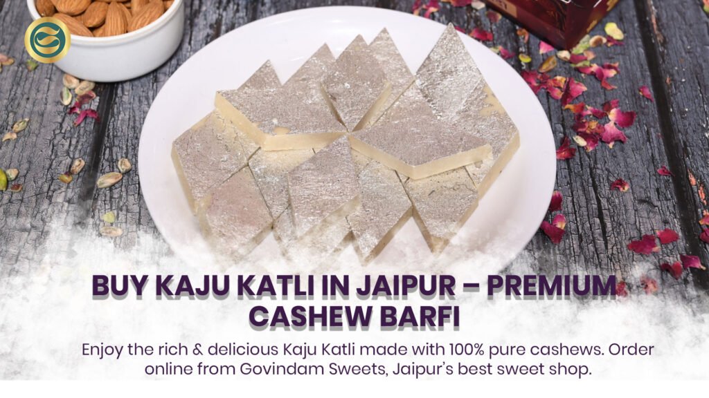 Premium Kaju Katli diamond-shaped cashew barfi with silver coating from Govindam Sweets Jaipur