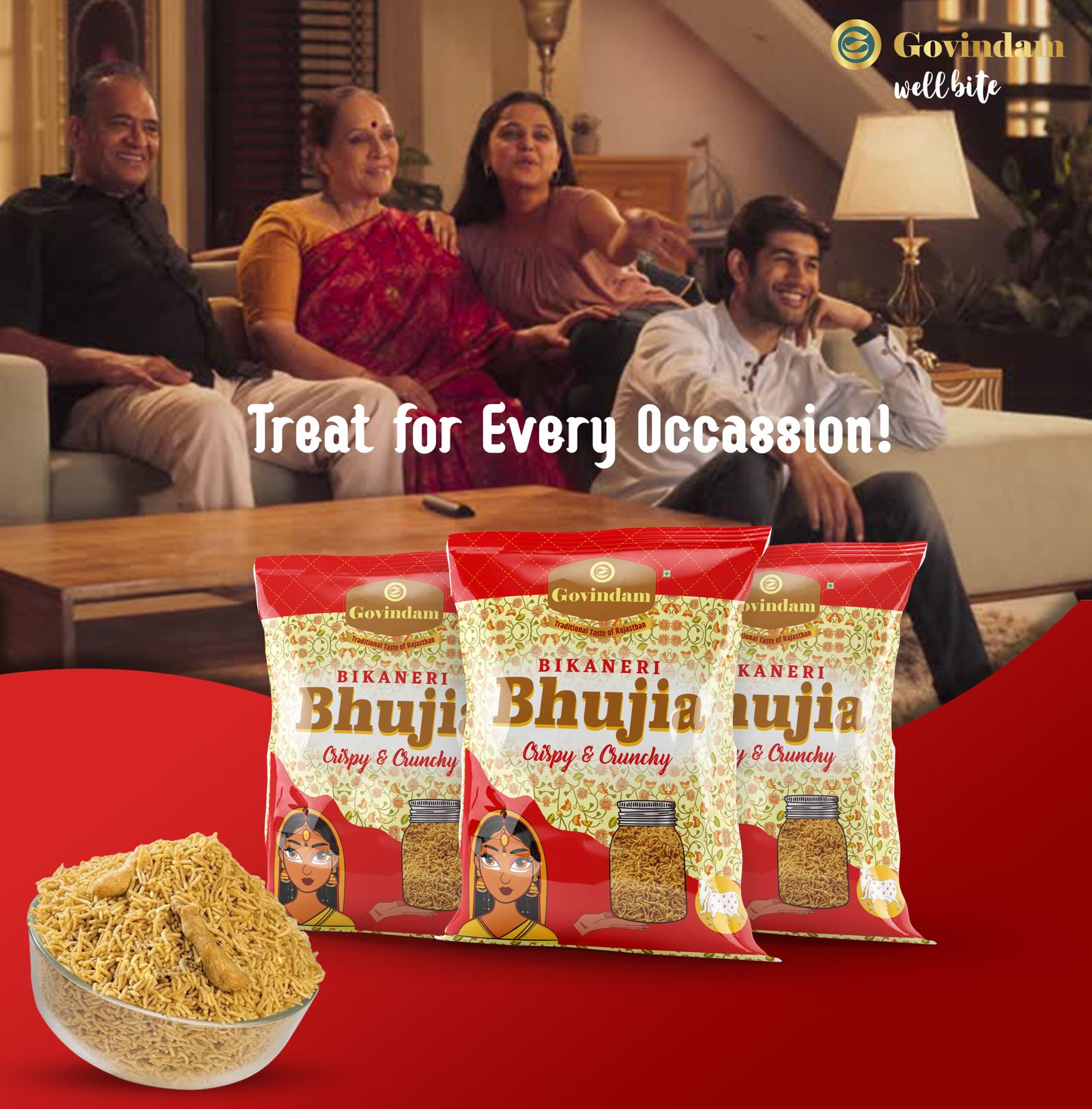Bikaneri Bhujiya showcasing golden crispy moth dal sev in traditional brass bowl - premium namkeen