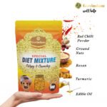 Diet Chivda Mixture packaging range showing portion control packs to bulk fitness center supplies displayed