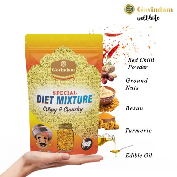 Diet Chivda Mixture packaging range showing portion control packs to bulk fitness center supplies displayed