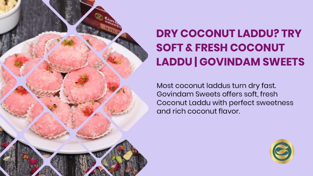 Soft fresh Coconut Laddu moist tender tropical sweet Govindam Sweets