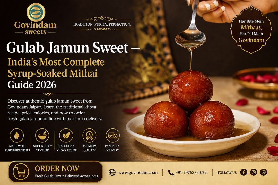 Authentic gulab jamun sweet Govindam Jaipur fresh khoya syrup-soaked dark golden mithai