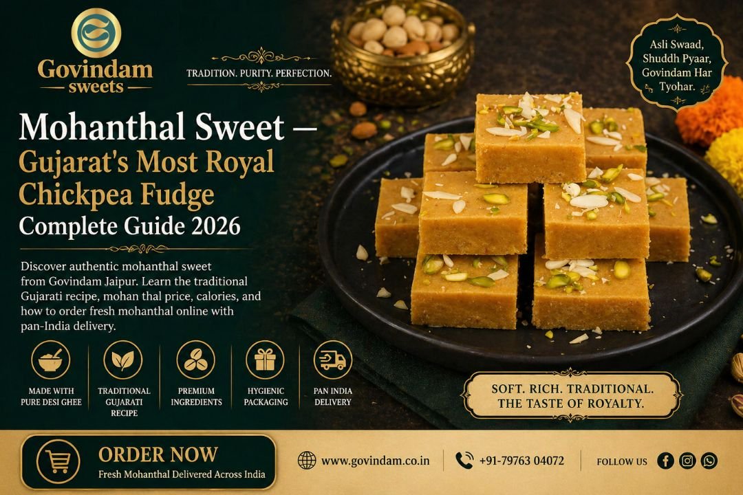 Authentic mohanthal sweet Govindam Jaipur Gujarati besan barfi golden pistachio garnish traditional
