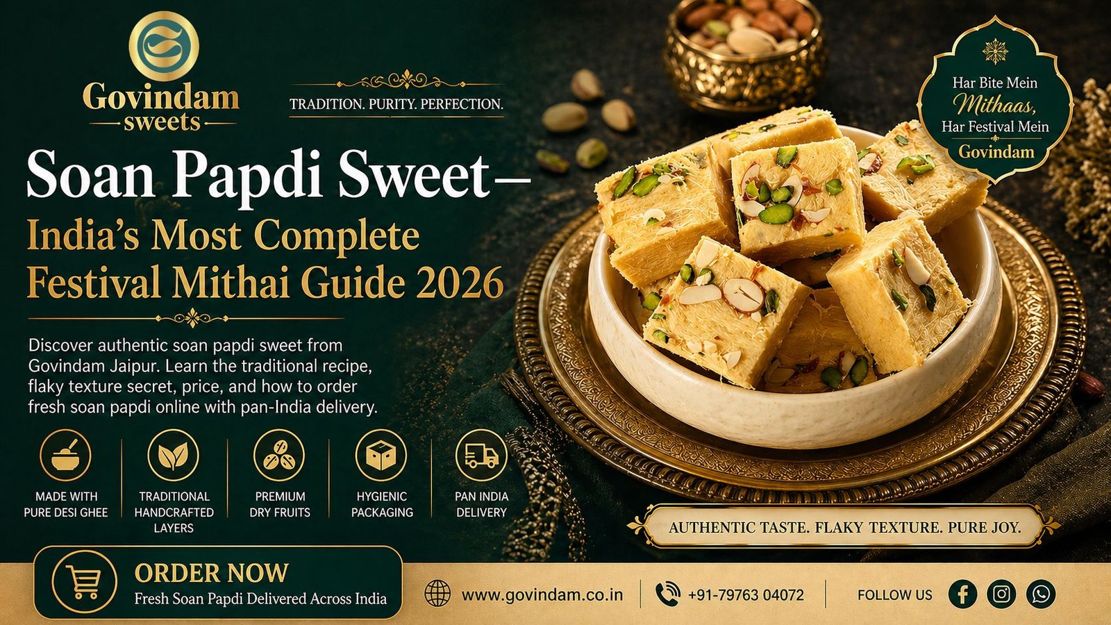 Authentic soan papdi sweet Govindam Jaipur flaky thread-like Indian festival mithai golden